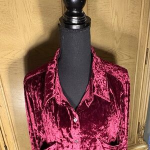 Crushed Velvet Button-Up Shirt in Rich Burgundy with velvety pants.
